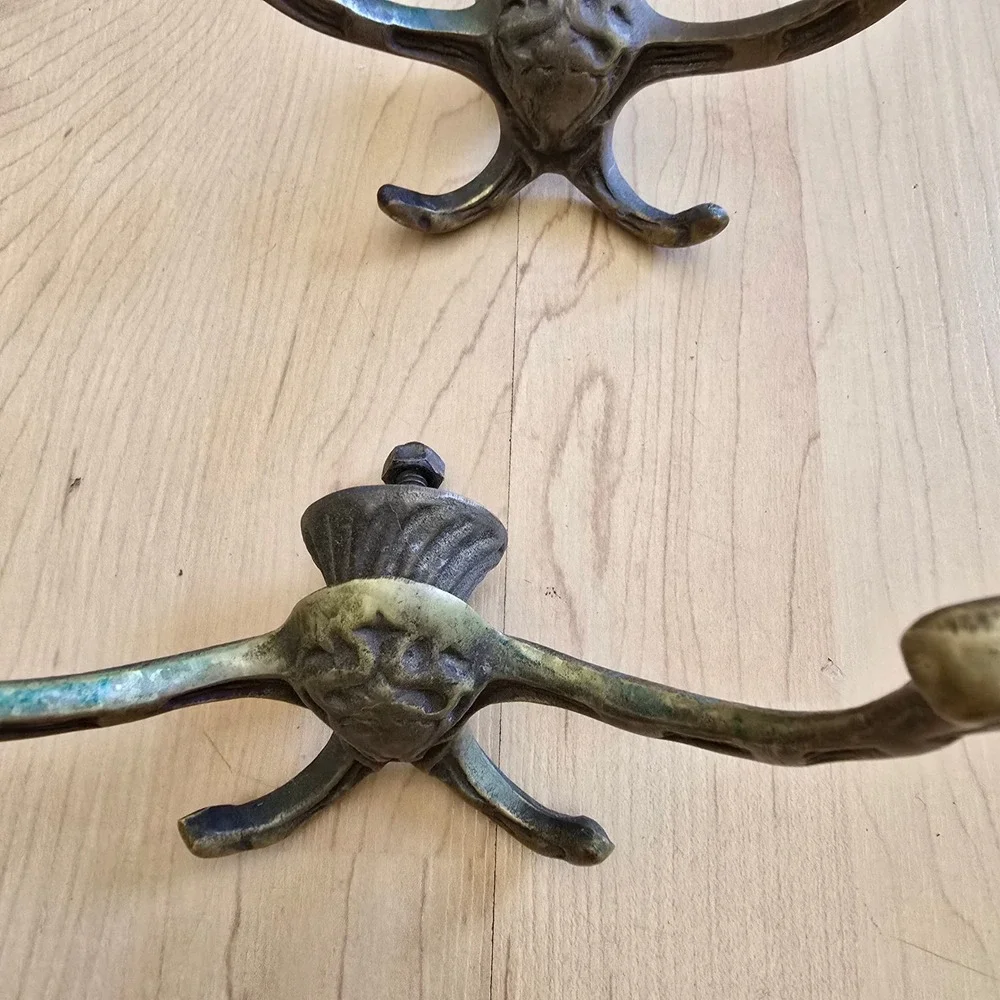 Vintage Cast Metal Wall Hooks Set of 2 Ornate 4-Prong Coat Hat Rack Aged Brass